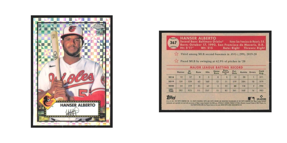 2021 Topps Chrome X-Fractor Hanser Alberto Orioles #367 - Image 3 of 3