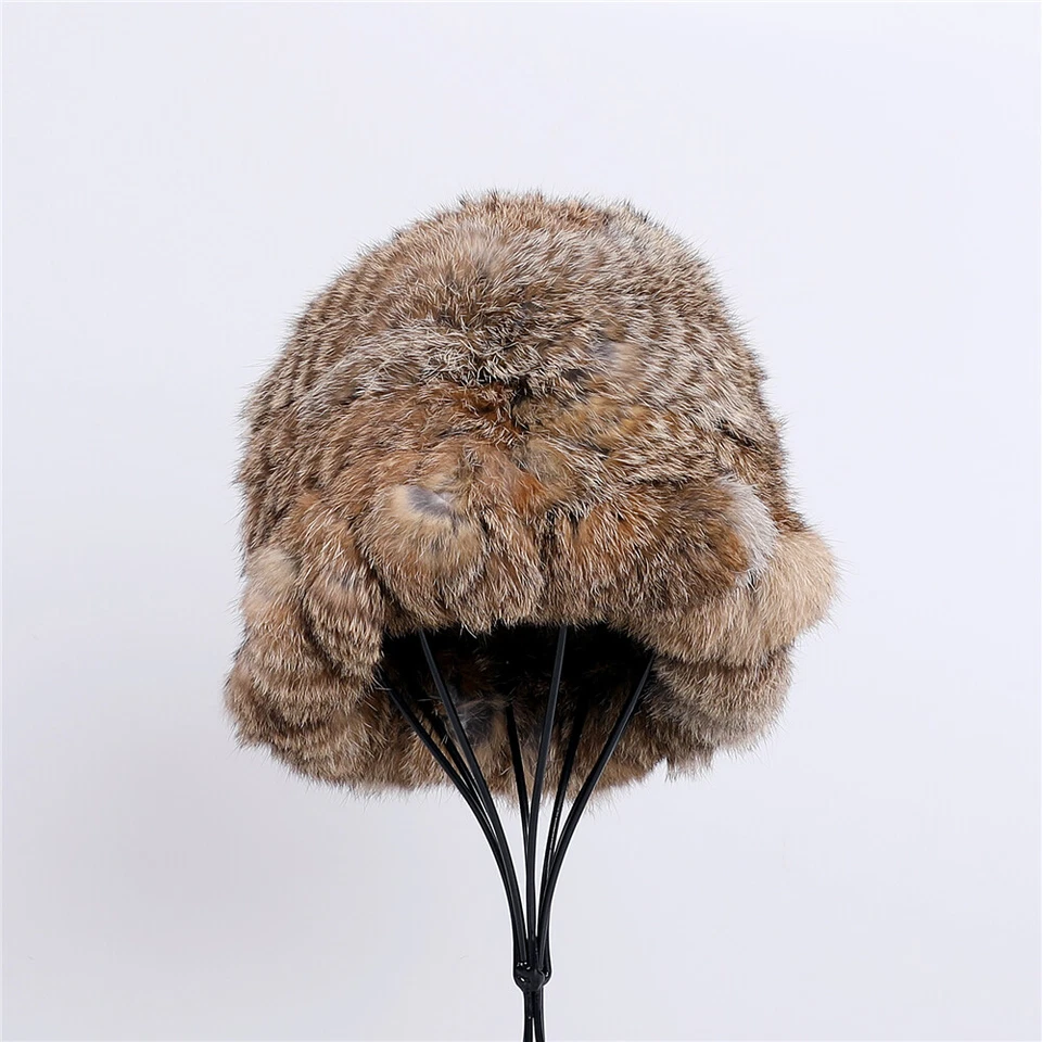 Chapéu gorro feminino inverno quente pele de coelho real malha boné balde chapéus pescador - Imagem 2 de 4