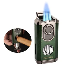 Galiner Green 3 Jet Flame Torch Cigar Lighter Stainless V-Cutter Holder Gift Box