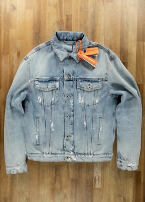 HERON PERSTON blue distressed paint splatter denim jacket Size Large authentic