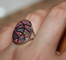 inlaid fire opal ring gems silver plate jewelry 5.75 6 10.75 engagement cocktail