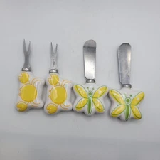 Set of 4 Butterfly Crab Cheese Spread Knives Green Yellow Summer Party 4"L