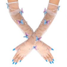 Butterflies Tulle Gloves White Pearl Fingerless Wedding Gloves Elbow Long