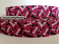 Grosgrain Ribbon Black White Dog Bones on Mauve Doggie Puppy Rescue Pet 7/8"