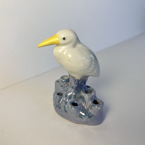 Bird Flower Frog Vintage Japan Six Holes Lusterware 4 x 3.5” White Stork Heron - 第 14/14 張圖片