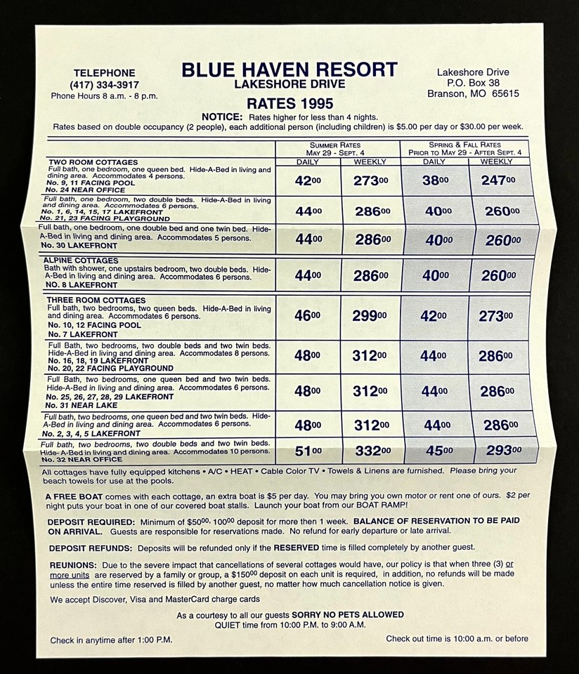 1995 Blue Haven Resort Lake Branson MO Vintage Travel Rates 1995 Blue Haven Resort Lake Branson MO Vintage Travel Rates