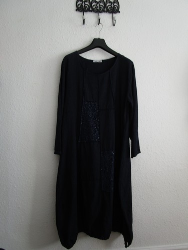 MADE IN ITALY long midnight navy 100% linen dress 16-18 sequinned panels