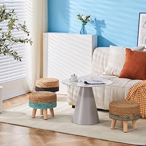 Foot Stool Natural Seagrass Hand Weave Poufs Round Ottoman for Couch Desk - Picture 6 of 6