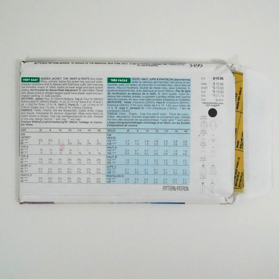 Butterick 3499 Misses Jacket Top Skirt Pants Pattern Size 6-12 Uncut Loose Cuffs - Image 3 of 4