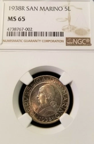1938 SAN MARINO SILVER 5 LIRA NGC MS 65 HIGH GRADE BEAUTIFUL TONING !!!