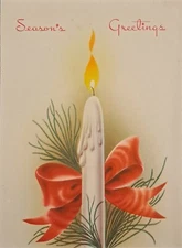 Vintage Christmas Card White Candle Red Bow Pine Needles Mary Johnston Verse 6x5