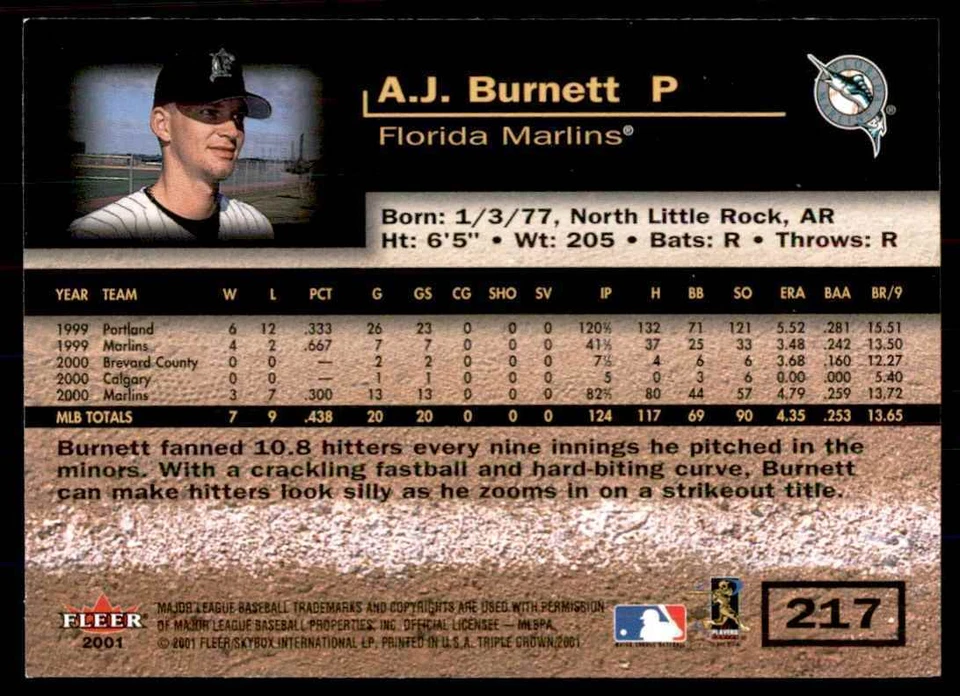 2001 Fleer Triple Crown A.J. Burnett Florida Marlins #217 - Image 2 of 2