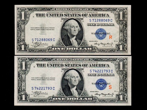 One pair $11935-A ((S))+1935-A ((R)) Uncirculated Silver Certificate (H72) - Picture 1 of 2