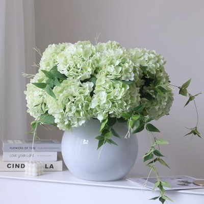 4pcs 2'' Faux Green Hydrangeas Artificial Flowers, Real 1 Pale Mint Green 4pcs