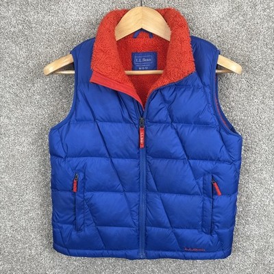 LL Bean Downtek Fleece Lined Down Puffer Vest Boys Medium 10/12 Blue Red