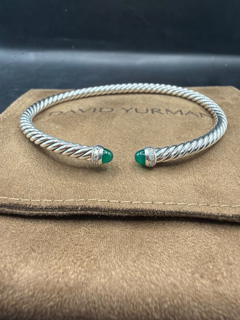 David Yurman Sterling Silver Cable Flex Bracelet 4mm Green Onyx & Diamonds Sz M