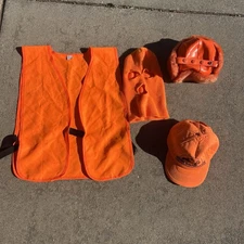 VTG Orange HUNTING TRAPPER HAT CAP Faux Fur Snap Ear Flaps SIZE L + Misc Items