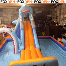6 in 1 Shark-Themed Bouncy Castle w/ Slide, Pool, Trampoline Blower for 3-8 Year