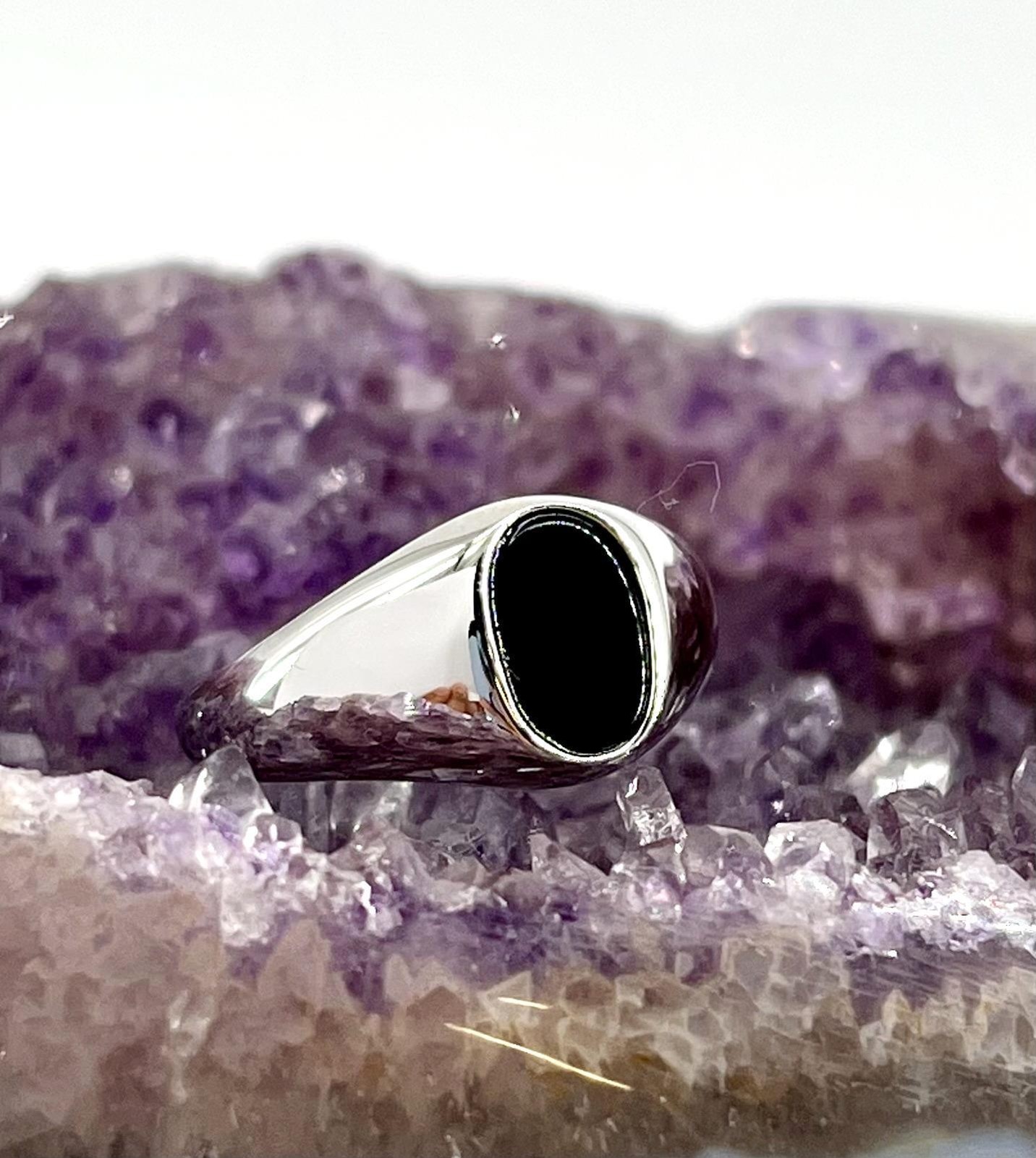 Chevalière argent 925 véritable et véritable pierre d'onyx noir ovale