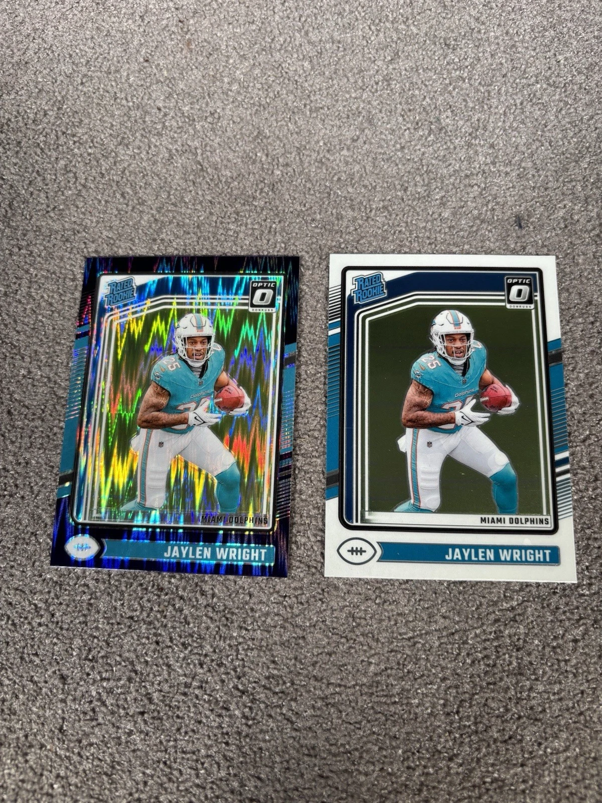 2024 Donruss Optic Jaylen Wright Rated Rookie Purple Shock and Base Card 249
