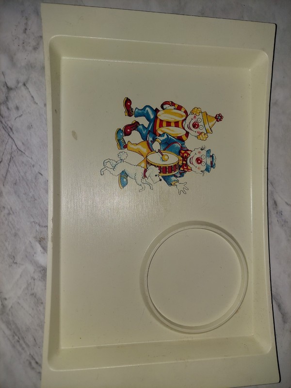 Vintage Plastic Kid's Serving Tray, Cream Circus Clown w/ Cup Holder