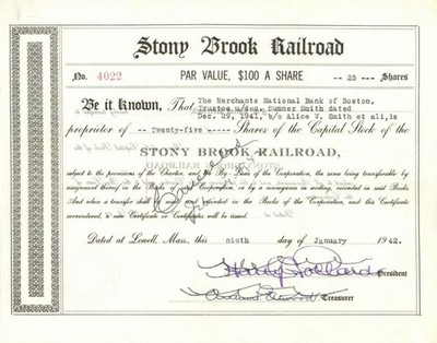 Stony Brook Railroad - Massachusetts Railway Stock Certificate - Railroad Stoc