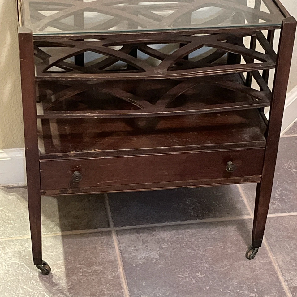 Vintage Record Stand Traditional Mahogany Glass Top Bar Serving Table - Image 2 of 4