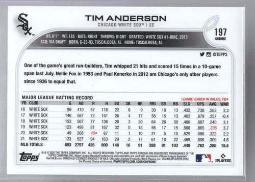 * 2022 Topps Chrome - Pink Refractor #197 - TIM ANDERSON - Picture 2 of 2