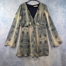 BCBGeneration Womens Blue Paisley Long Sleeve Ruffle V-Neck Romper Size 10