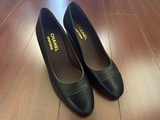 100 Authentic Chanel Uniform Black Leather Cap Toe Mid Heel Shoes Sz 35 CC