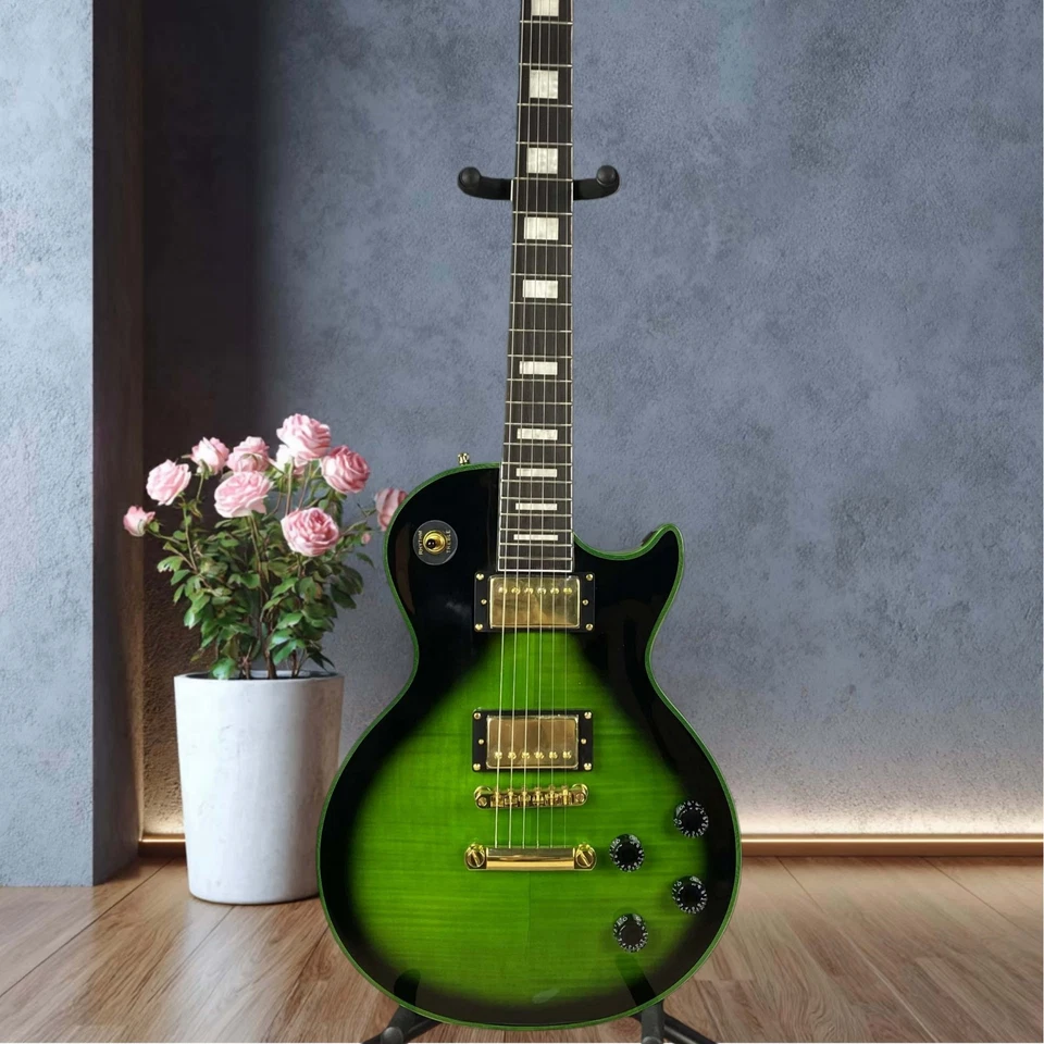LP Custom Electric Guitar with Black Ring Green Metal Hardware Rectangular Inlay - Image 2 of 4
