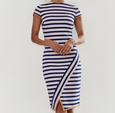 Vince Camuto Navy White Striped Faux Wrap Dress Casual Coastal Size 4