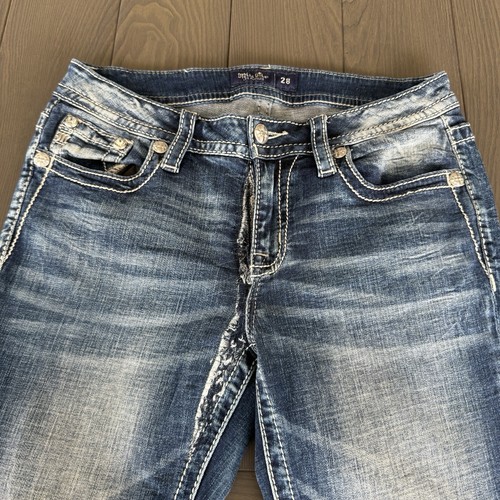 Miss Me Jeans Low Rise Bootcut Womens 28x30 Blue Embellished Stretch Denim *READ - Picture 3 of 19