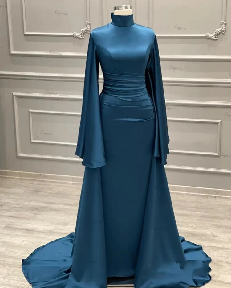 Vestidos de Noche Musulmanes para Fiesta Mangas Largas Satén Sirena Formales Baile de graduación Vestidos Foto 2 de 4