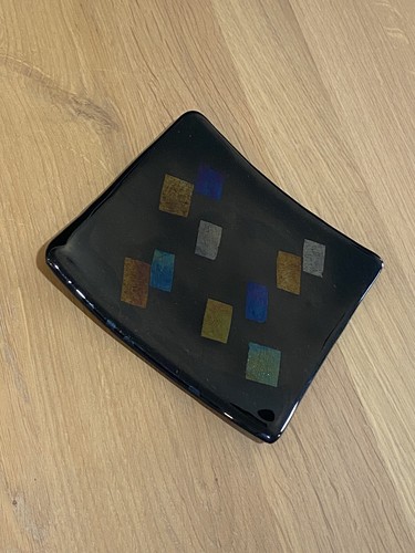 Fused Iridescent Dichroic Glass Tray 6" Square Geometric Design Signed McVay '86 - Picture 3 of 7