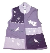 Vintage Blair Sweater Vest size L Large White Doves Full Zip Purple bird