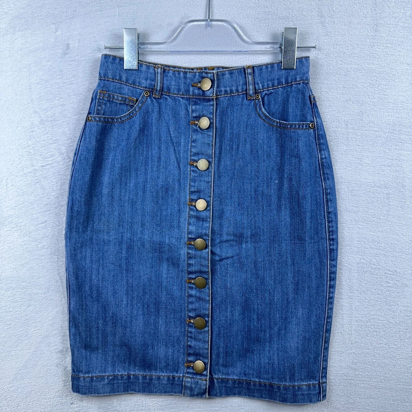 Forever 21 Denim Button Front Straight & Pencil Skirt 100%Cotton Blue Size Small