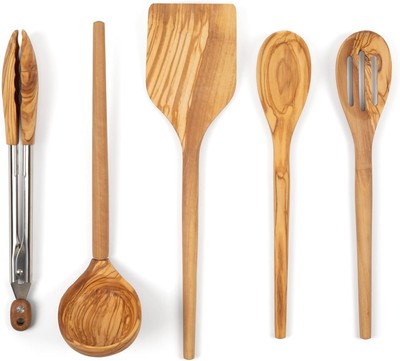 5 Piece Olive Wood Kitchen Utensil Set - Includes Spatula, Tongs