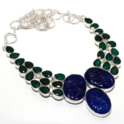 Blue Sapphire, Emerald Gemstone Lab Created Jewelry Necklace 18'' AK355