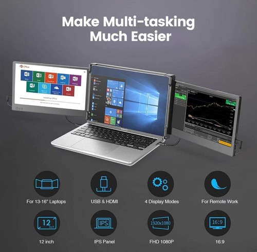 NEW Laptop Screen Extender, 12" FHD 1080P IPS Triple Portable Monitor for Laptop - Picture 2 of 6
