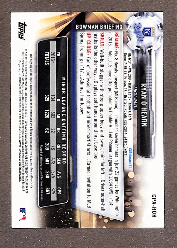 2017 Bowman Chrome Prospect Purple Refractor #CPA-ROH Ryan O'Hearn Auto /250 - Image 2 of 3