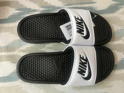 Nike Benassi JDI White with Black swoosh Men's Slides slide 8 9 10 11 flip  flop | eBay