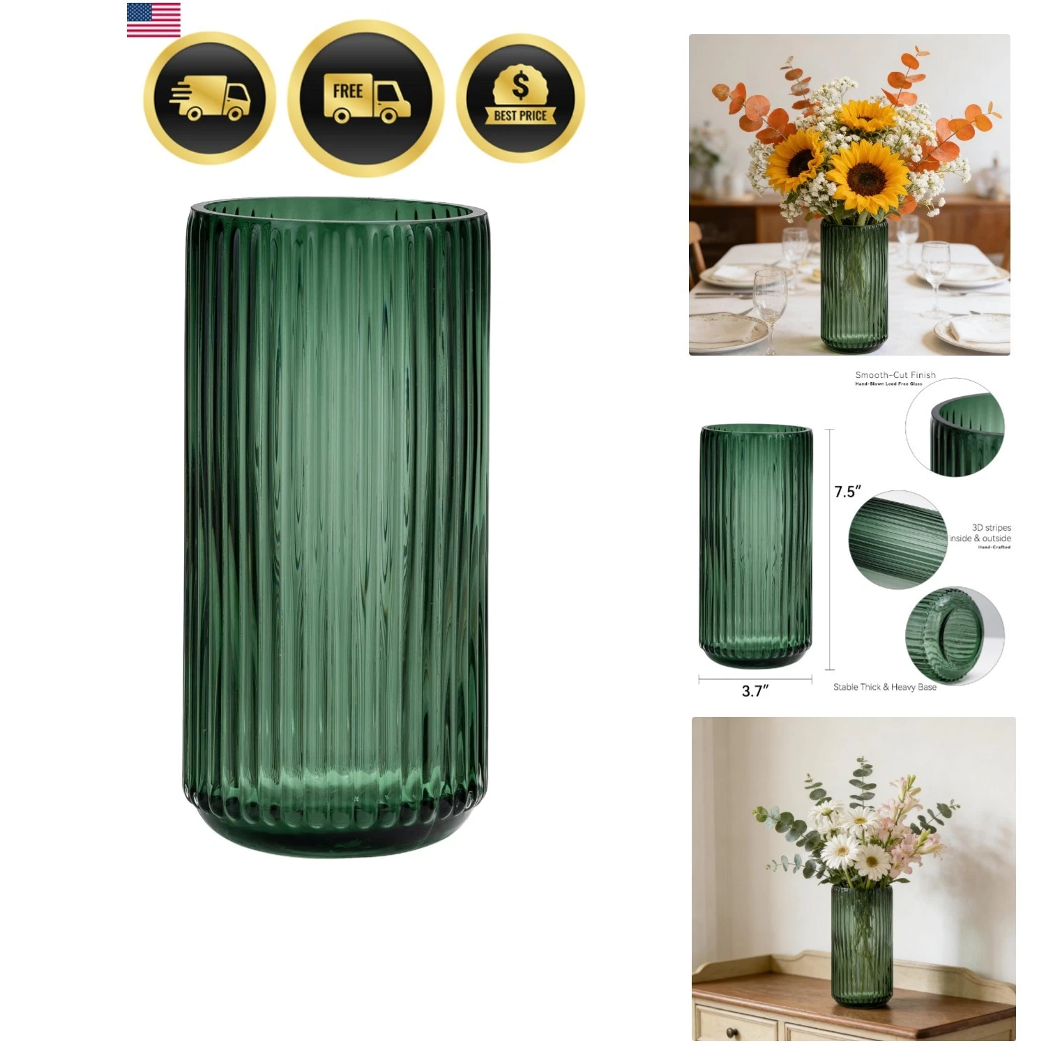 Flower Vase 7.5 inch Green Thickened Glass Vase for Bookshelf,Dinner Table,In...