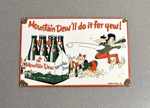 VINTAGE 12” 1961 MOUNTAIN DEW SODA COLA PORCELAIN SIGN CAR GAS TRUCK MOTORCYCLE