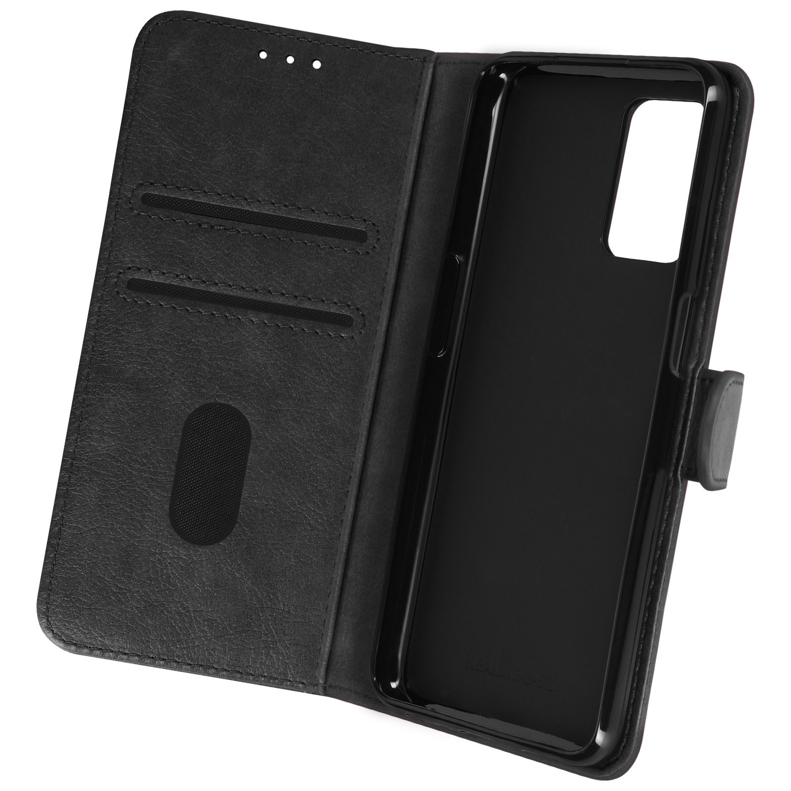 Étui 8 5G à clapet en cuir noir avec fonction portefeuille et support vidéo intégré
