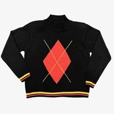 FIA Italia Sweater Black Mock Neck Argyle Diamond SZ M Handloomed Striped Trim