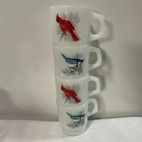 4 Vintage Anchor Hocking Fire-King 9oz. "Song Bird" Stacking Mugs EUC No Chips