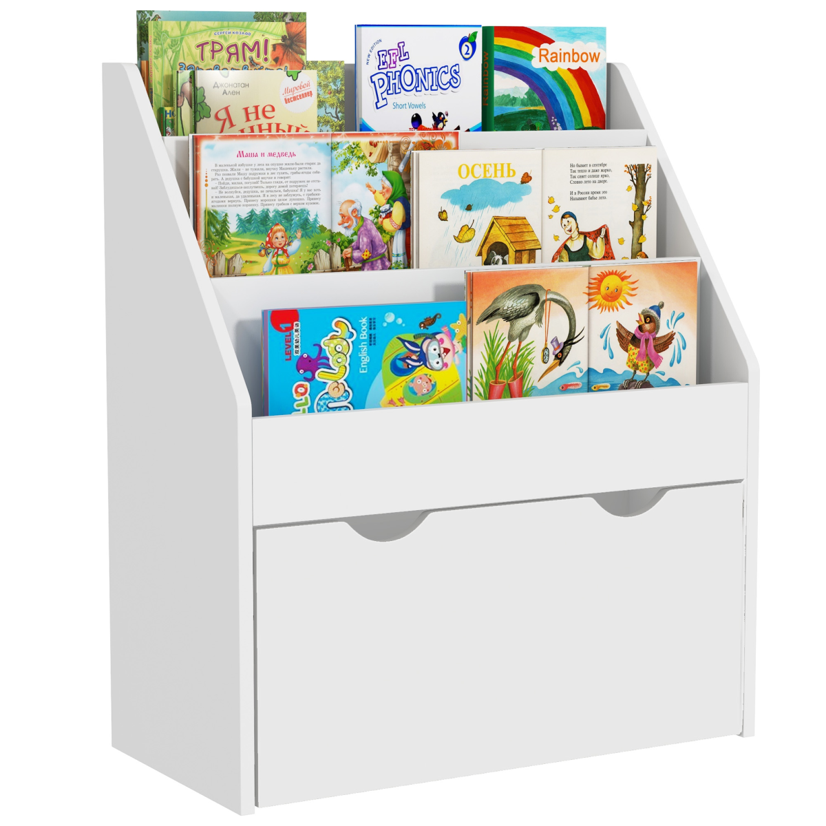 AIYAPLAY Kids Bookcase wITH 3 Tier Shelves, Drawer, for Bedroom Nursery - White