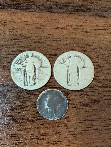 Lot of 3 - 2  NO DATE Standing Liberty Silver Quarters & 1918 Mercury Dime