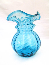 Vintage Art Glass Vase Ruffled Top Large 8  Blue Swirl Hand Made